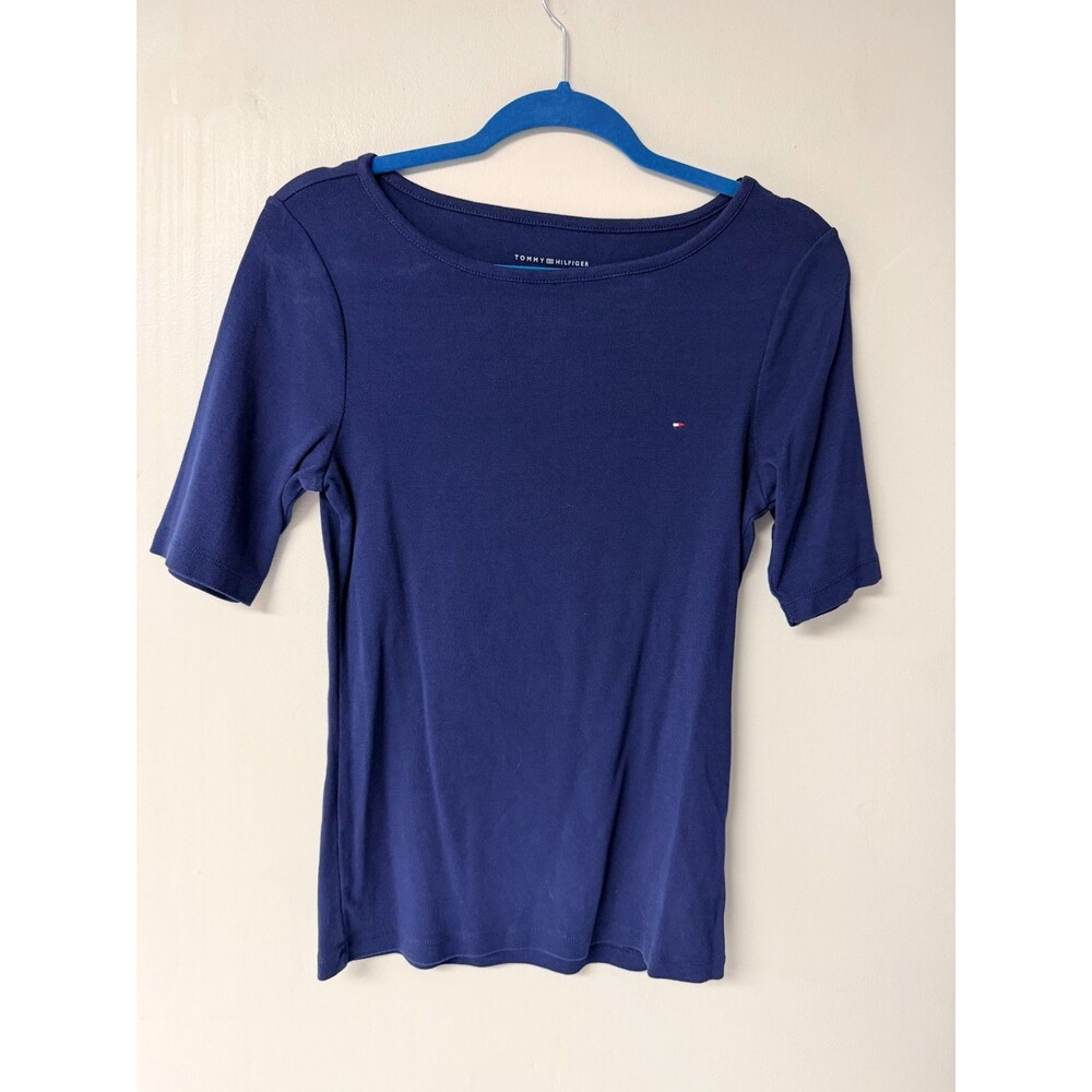Tommy Hilfiger Womens Large Navy Blue Boat Neck Short Sleeve Logo T Shirt